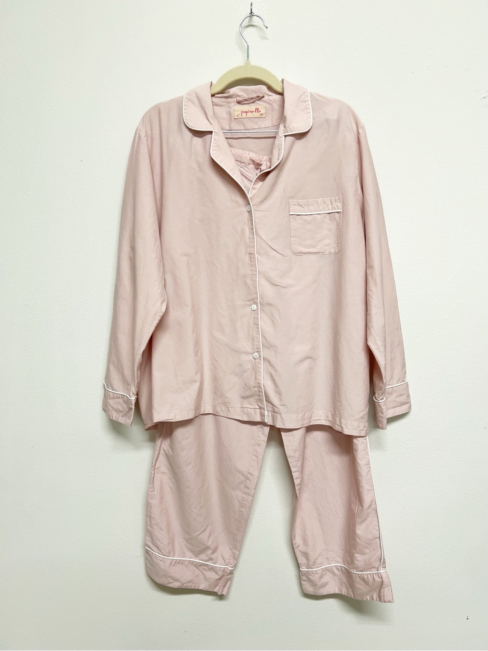 Papinelle Womens Pink White Piping Silk Cotton Zoe Full Length PJ Top Pant Set